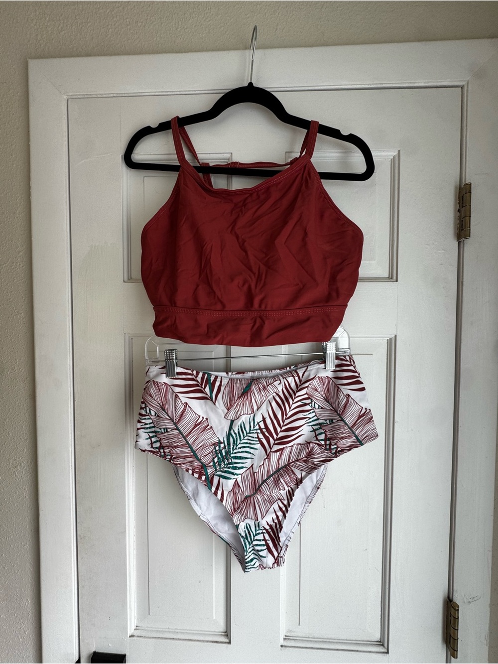 Two-Piece Bikini Set - Brick Red Top & Tropical Leaf High-Waist Bottoms